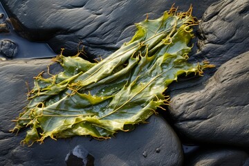 Fresh kelp seaweed laid out on a rock by the sea