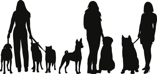 women with dogs on leash silhouette