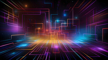 Digital neon lines in a retro-futuristic style graphics poster background
