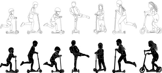 children ride scooters, child and scooter set of silhouettes, collection