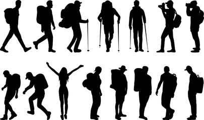 people on a hike, travelers with backpacks set of silhouettes, collection