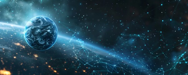 Obraz premium Blue Glowing Planet Earth with Network Grid in Space