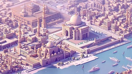 Fototapeta premium An adorable 3D depiction of Cairo, showcasing its iconic landmarks and vibe, set against a golden backdrop
