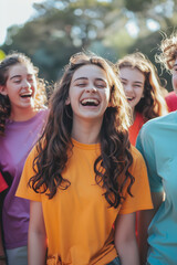 Happy group of friends laughing and having fun together outdoors in colorful t-shirts on a sunny day