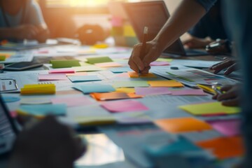 Obraz premium An unrecognizable man writes on colorful sticky notes in his office next to his work team