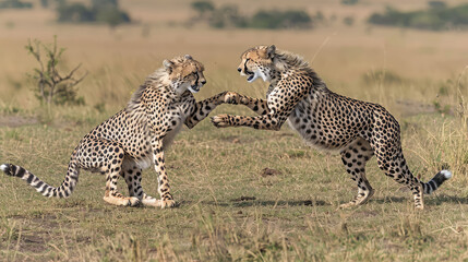 Obraz premium Two cheetahs fight for power in the wild
