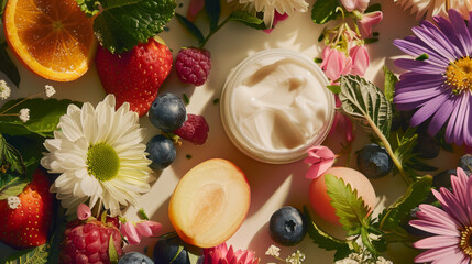 A cosmetics ad showcasing products made from natural herbs, flowers, and fruits, emphasizing organic beauty