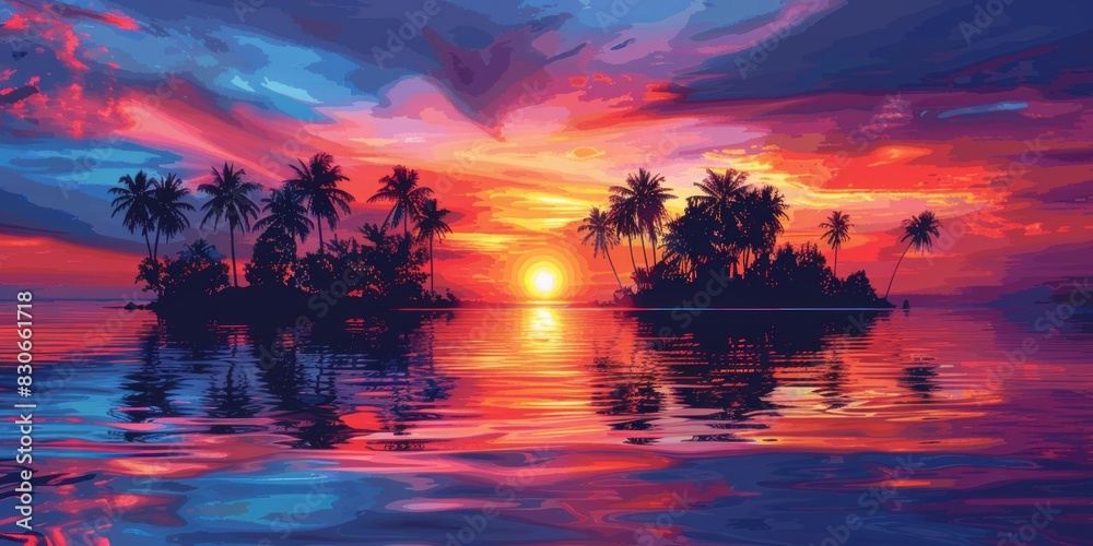 Sticker Colourful Sunset on a Paradise Island with Palm Trees, Silhouettes and Glossy Reflective Water.