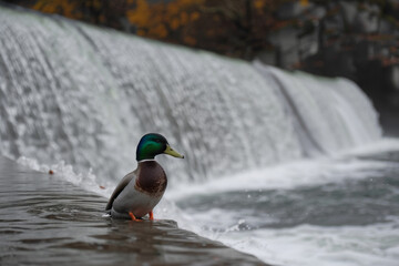 Majestic Mallard Duck by a Cascading Urban Waterfall