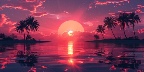 Colourful Sunset on a Paradise Island with Palm Trees, Silhouettes and Glossy Reflective Water.