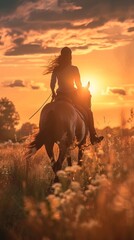 Woman riding horse in countryside during sunset