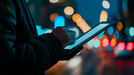 Man Using Digital Tablet at Night with Colorful Bokeh Lights Background