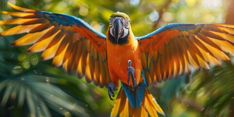 Low angle of Colorful Parrot in Mid-Flight