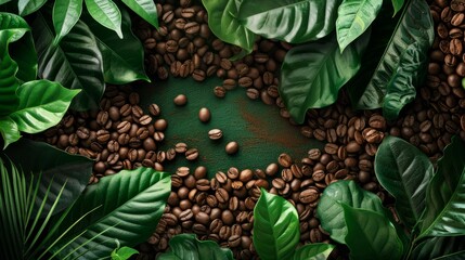 Fresh coffee beans with coffee leaves, decorated as a beautiful picture, beautiful composition Suitable for decorative cutting