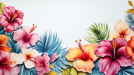 Vibrant tropical floral arrangement featuring colorful hibiscus flowers and lush leaves, perfect for nature-themed designs and backgrounds.