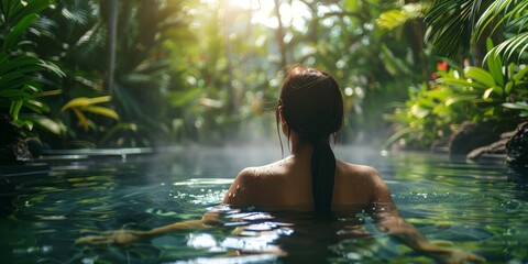 Asian woman in a natural pool surrounded by lush greenery, tranquility of natural beauty