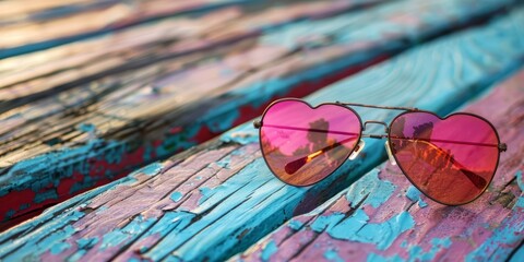Pink Heart Shaped Sunglasses on a Wooden Surface
