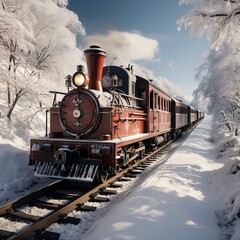 Obraz premium A Steam Train Chugging Through a Snow Covered Forest