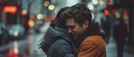 Obraz premium A couple embraces tightly on a city street, their eyes closed in a moment of affection and connection, with blurred city lights in the background creating a romantic ambiance. 