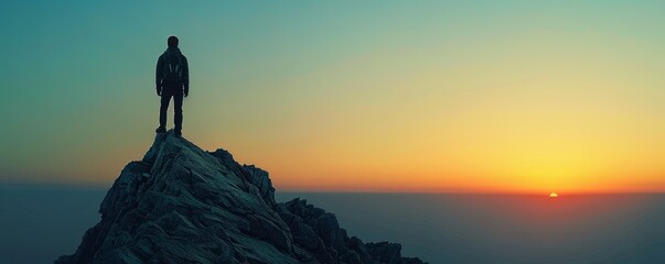 Silhouette of a man on top of a mountain peak.