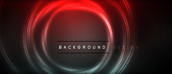 Neon glowing circle rays, light round lines in the dark, planet style neon wave lines. Energetic electric concept design for wallpaper, banner, background