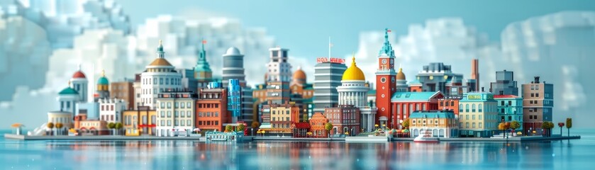 Obraz premium Isometric 3D Helsinki render highlights city's charm, set against cyan backdrop, showcasing famous locales and essence