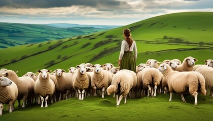 A woman in a vintage outfit stands among a flock of sheep on vibrant green rolling hills, under a dynamic cloudy sky.. AI Generation