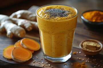 Ginger Turmeric Smoothie - Yellow with a sprinkle of turmeric and ginger slices. 