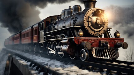 Naklejka premium A Steam Train Chugging Through a Snow Covered Forest