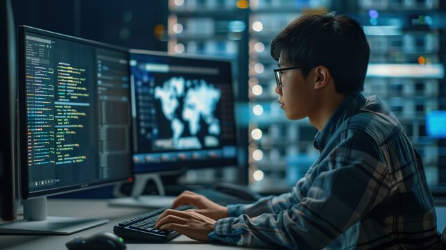 Focused Asian Programmer Monitoring Data Security on Multiple Screens - Powered by Adobe