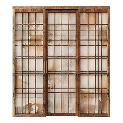 Front view of a Japanese shoji screen door with paper panels isolated on a white transparent background