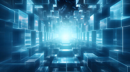 Digital blue geometric AI abstract graphics poster background