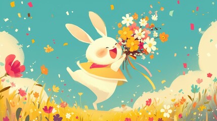 A cheerful cartoon rabbit is full of joy