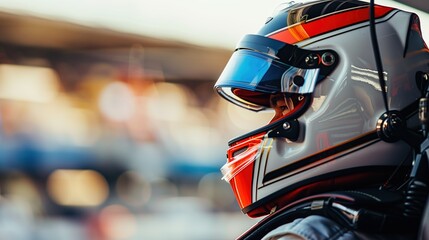 Fototapeta premium Race Car Driver in Helmet Poised at Starting Line