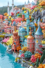 Fototapeta premium A charming isometric 3D representation of Istanbul showcases iconic landmarks and city vibes, centered against a lavender backdrop