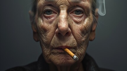 Obraz premium Old woman smoking with a sad expression, World No Tobacco Day