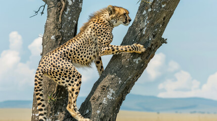 Obraz premium The cheetah agilely climbs a tall tree, displaying its agility and tenacity.