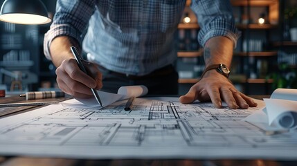 An architect reviewing plans, focus on, quality control theme, realistic, fusion, construction site office backdrop