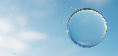 青空に丸い水滴の背景素材。コピースペース。3D（横長）
