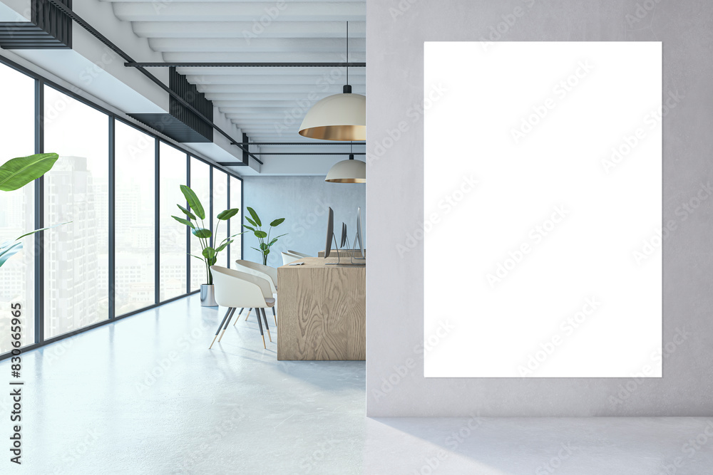 Poster modern coworking office with empty white mock up banner, equipment, furniture, various other objects