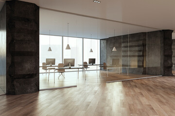 Clean glass office hallway interior with reflections on wooden floor. 3D Rendering.