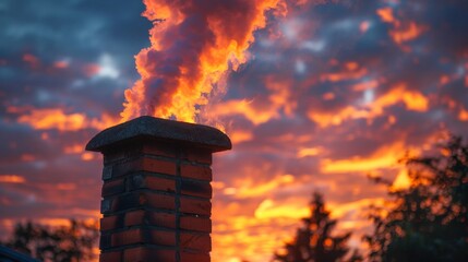 View of dense, black smoke trailing from an old brick chimney, highlighted by the warm, glowing sunset