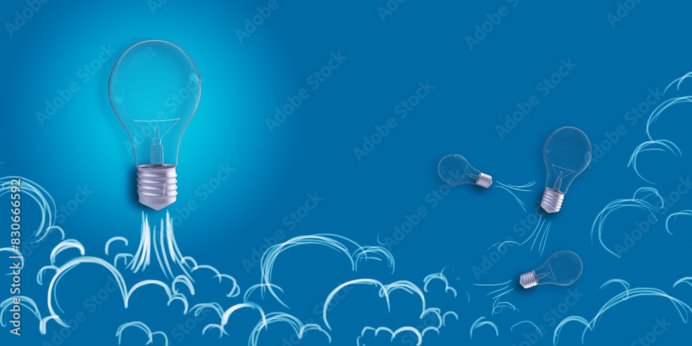 Poster creative flying light bulb sketch on blue backdrop. start up ideas, innovation and brainstorm concep