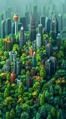 Cute isometric 3D render of Kuala Lumpur, capturing the famous places and atmosphere of this city, centered on a sapphire solid color background