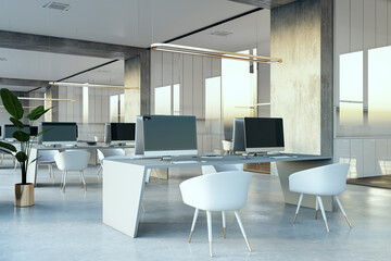 Modern spacious coworking office interior with window and city view, equipment, furniture, various other objects and daylight. 3D Rendering.