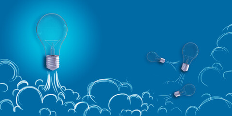 Creative flying light bulb sketch on blue backdrop. Start up ideas, innovation and brainstorm concept. 3D Rendering.