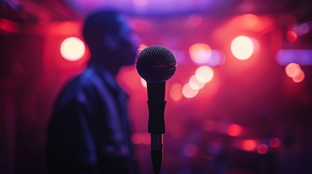Stand-up comedian on stage with a microphone, purple and red lights glowing from behind, creating a vibrant atmosphere