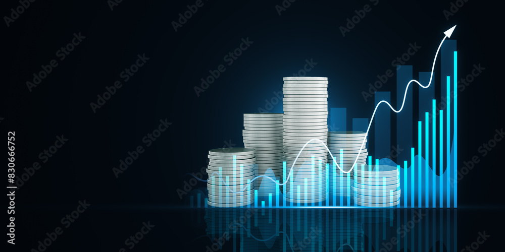 Poster Creative hologram with growing chart and stacked coins on dark background with mock up place. Financial growth and investment concept. 3D Rendering.