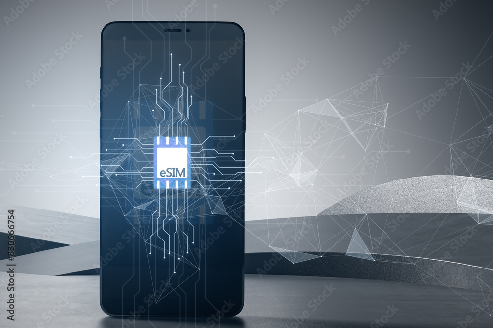 Wall mural Close up of cellphone with Esim chip card icon with circuit on blurry light polygonal background. Embedded sim card cellular mobile technology smart concept. 3D Rendering.