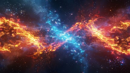 Surreal infinity fire with colorful flames morphing into an endless loop, cosmic backdrop with stars and galaxies